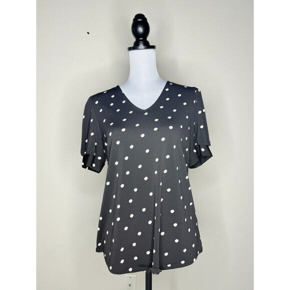 Adrianna Papell Black White Polka Dot Plus Size Medium Top Short Sleeve V Neck - Picture 2 of 6